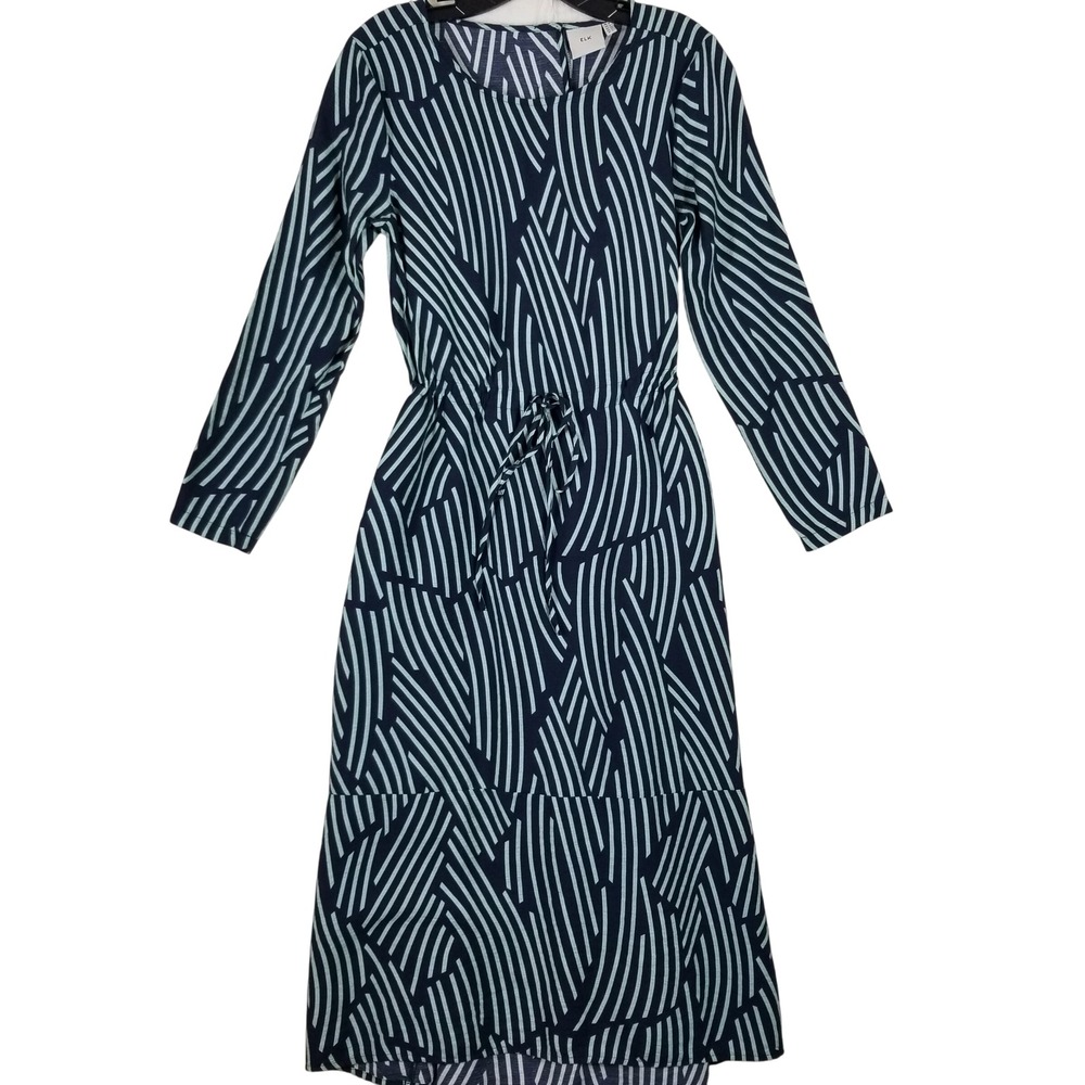 ELK Women Navy Mint Stripe Drawstring‎ Waist Midi Dress Viscose Linen Blend US 4